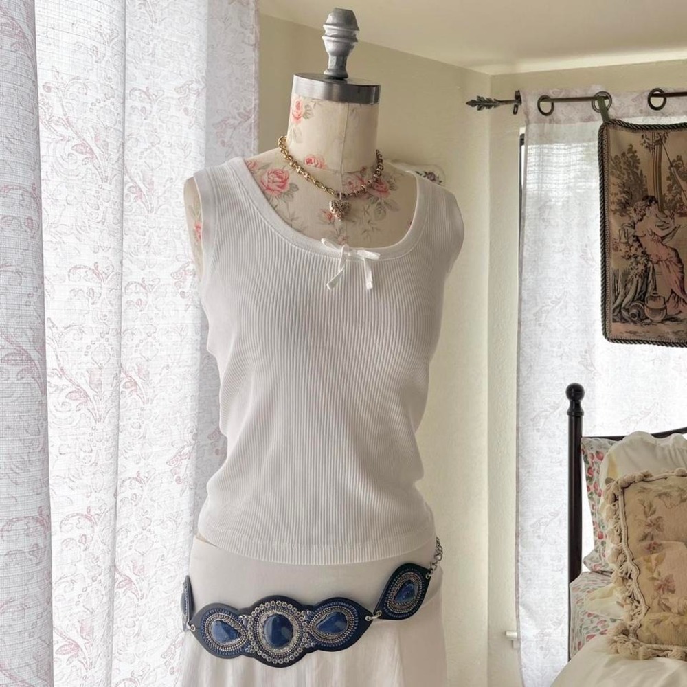Ralph Lauren White Ribbed Scoop-Neck Tank with Bow